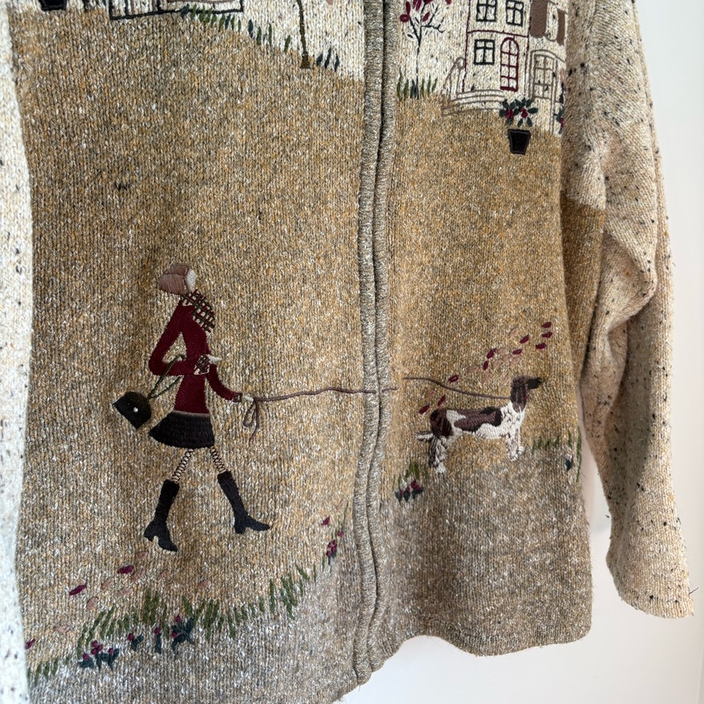 Vintage Novelty Knit Cardigan Embroidered Dog Walker Scenic Cottagecore Sweater - Picture 5 of 5